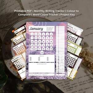 May include: A printable PDF monthly writing tracker with a calendar for each month, including January, with space for notes and a word count tracker. The design features a purple and white color scheme with a landscape background.
