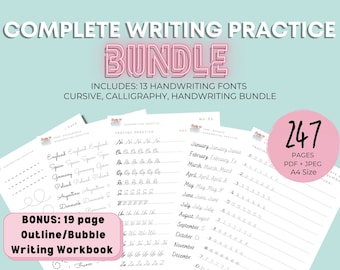COMPLETE Handwriting Practice Bundle Digital Download, Handwriting, Cursive, Calligraphy, Outline Practice Sheets, Handlettering Practice