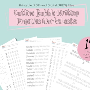 Outline Bubble Writing Handwriting Practice Digital Download, Printable Outline Handwriting workbook, Handlettering, Bubble Practice Sheets