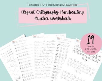 Elegant Calligraphy Practice Worksheet Digital Download | Printable Calligraphy workbook Handlettering Elegant Calligraphy Practice Sheets