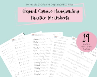 Elegant Cursive Handwriting Practice Digital Download, Printable Cursive Handwriting workbook Handlettering practice Cursive Practice Sheets