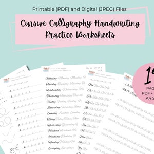 Cursive Calligraphy Practice Worksheet Digital Download | Printable Calligraphy workbook Handlettering Cursive Calligraphy Practice Sheets