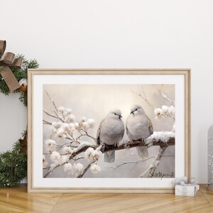 Printable Winter Doves in Snow wall art print, Neutral artwork, vintage farmhouse decor, Neutral bird artwork, Snowscape Digital Downloads