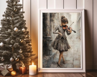 Printable Wall art, Holiday, Christmas, violin, girl playing violin, music, streets, dancing, Joy, Wall Decor, Instant Download, Vintage