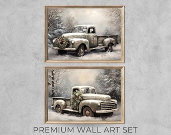 May include: A set of two framed prints featuring vintage green pickup trucks with Christmas wreaths in a snowy winter scene. The prints are titled "PREMIUM WALL ART SET" and "Starlit prints".