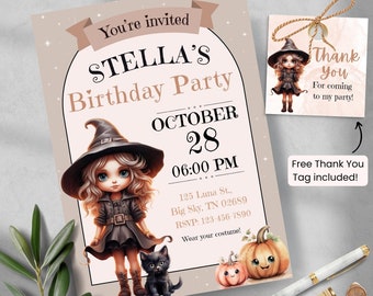 Little witch invite | Kids Birthday Invitation | Editable E-Vite | Halloween Party | Witch | Costume party | Instant Download | Printable
