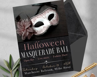 Masquerade Ball invitation template, Halloween party invite, Digital, Editable, Printable, Spooky Party, template, costume, ghost, mask, boo