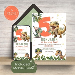 5th Birthday Invitation Dinosaur, Boy Dino Birthday Invite, Digital Download, Prehistoric Party, Phone E-vite Mobile,  Editable, Jurassic