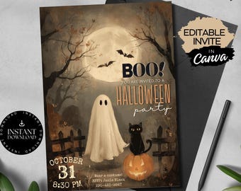 May include: Halloween party invitation with a spooky theme. The invitation features a ghost, black cat, and jack-o'-lantern under a full moon. The text reads "BOO! You are invited to a Halloween party" with the date and time.