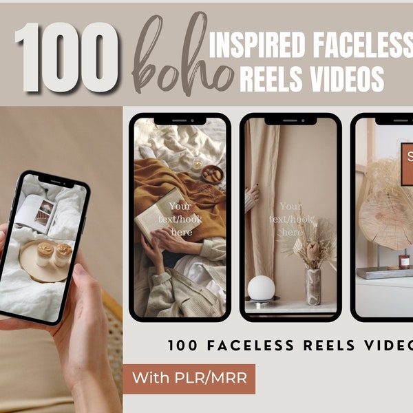 Vidéos Boho Faceless Reels, marketing numérique, Instagram, vidéos sur les réseaux sociaux Tik Tok et bibliothèque de contenu 100 bobines PLR, MRR, fait pour vous