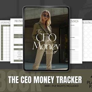 May include: A digital product mockup featuring a tablet displaying a digital planner with the text "The CEO Money Tracker". The planner includes 40+ pages for budgeting, expenses, and challenges. The tablet is on a dark green background.
