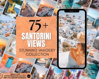 Puede incluir: Un collage de más de 75 imágenes impresionantes de Santorini, Grecia. Las imágenes muestran edificios blancos, agua azul y hermosas puestas de sol. El texto "75+ Santorini Views Stunning Imagery Collection" se muestra sobre un fondo melocotón.