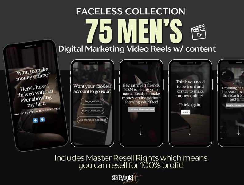 Mens Faceless Reels, 75 Aesthetic Dark Reels for Men - Social,  TikToks, MRR/PLR - Social Media Content - Trendy Videos, Instagram Videos