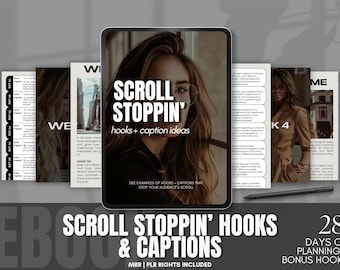 Puede incluir: Una portada de producto digital con el rostro de una mujer y el texto "SCROLL STOPPIN' hooks + caption ideas" en blanco y negro. La portada también incluye el texto "SEE EXAMPLES OF HOOKS + CAPTIONS THAT STOP YOUR AUDIENCE'S SCROLL". El texto "SCROLL STOPPIN' HOOKS & CAPTIONS" está en blanco y negro sobre un fondo gris. El texto "28 DAYS OF PLANNING + BONUS HOOKS" está en blanco sobre un fondo negro. El texto "MRR | PLR RIGHTS INCLUDED" está en blanco sobre un fondo negro.