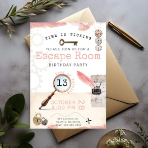 Escape Room Editable Invite Unlock the thrill  and test your wits in our captivating escape room experience! Can you solve the puzzles, crack the codes, and unravel the mysteries to escape within the time limit? Are you up for the challenge?