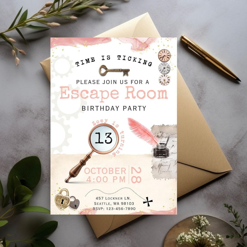 Escape Room Editable Invite Unlock the thrill  and test your wits in our captivating escape room experience! Can you solve the puzzles, crack the codes, and unravel the mysteries to escape within the time limit? Are you up for the challenge?