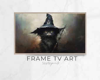 FRAME TV Art Halloween Cat, Vintage Black Cat Farmhouse Artwork, Muted Colors, Samsung Tv Art, oil paint landscape, Digital Download