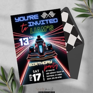 Zaproszenie na urodziny Go Kart, impreza Raxcing, zaproszenie na urodziny dla chłopców, impreza edytowalna, nastolatek, przejażdżka dreszczykiem emocji, automat do gier, Canova, samochód wyścigowy dla nastolatków