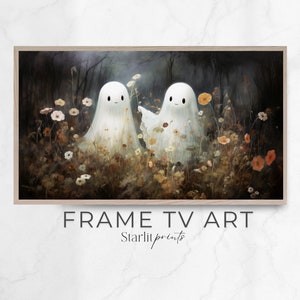 Ramka TV Ghost flowers Art, vintage, Samsung, słodkie, halloween, Halloween, pobieranie cyfrowe, natychmiastowa sztuka, zabytkowy krajobraz olej na płótnie