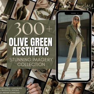 May include: A collage of images featuring a variety of olive green aesthetic designs. The collage includes photos of clothing, accessories, home decor, and nature scenes. The text "300+ Olive Green Aesthetic Stunning Imagery Collection" is displayed on the collage.