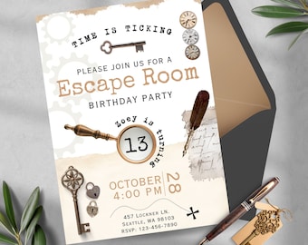 Invitación de cumpleaños de la sala de escape, invitación de cumpleaños misteriosa, invitación editable de fiesta, invitación neutral de género, preadolescente, fiesta de la sala de escape para adolescentes