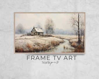 Cozy Cabin Frame TV art, Samsung tv frame art, art tv neutre, œuvre d’art maussade, téléchargement numérique, art Samsung Frame TV, œuvre d’art d’hiver, huile