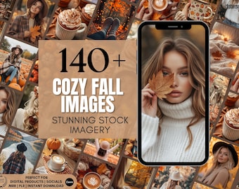 Fall Cozy Stock Photos | 140+ Autumn Lifestyle Images | Pumpkin Patch, Coffee, Leaves, Sweaters | Canva Templates | PLR MRR Bundle | Canva