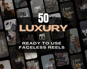 May include: A collage of 50 black and white phone screen mockups with text overlays. The text includes phrases like "Start your new chapter", "Reflect", "Set Goals", "Action", "The truth about passive income", "Free resource", "Successful online store", "Week end routine", "My why", "She means business", "Beauty", "Goals", "Tips to get you started", "Work", "Events", "In", "Relax, play, love". The text is in a white sans-serif font. The collage is on a black background. The text "50 LUXURY READY TO USE FACELESS REELS" is in a large, bold, sans-serif font in a light brown color.
