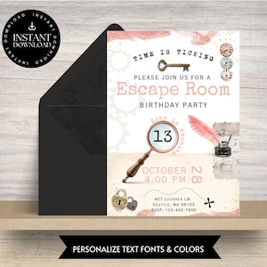 Escape Room Editable Invite Unlock the thrill  and test your wits in our captivating escape room experience! Can you solve the puzzles, crack the codes, and unravel the mysteries to escape within the time limit? Are you up for the challenge?