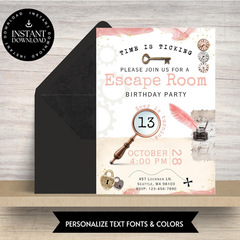 Escape Room Editable Invite Unlock the thrill  and test your wits in our captivating escape room experience! Can you solve the puzzles, crack the codes, and unravel the mysteries to escape within the time limit? Are you up for the challenge?