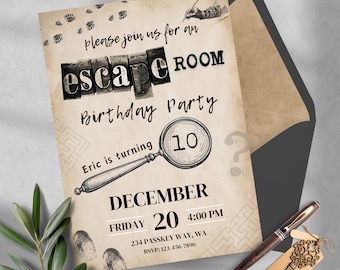 Faire-part d'anniversaire Escape Game, faire-part d'anniversaire mystère, faire partie d'une invitation modifiable, invitation non sexiste, préadolescent, fête d'escape game pour ados