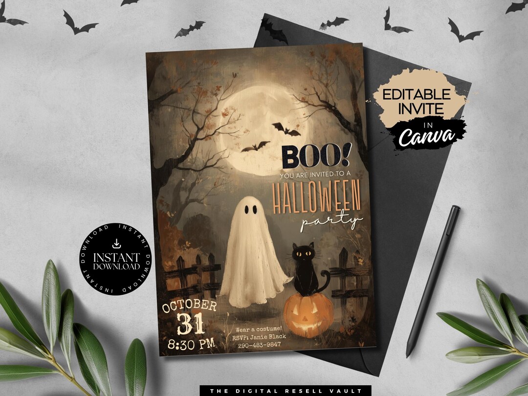 Ghost & Black Cat Halloween Invitation | Editable Canva Party Template ...