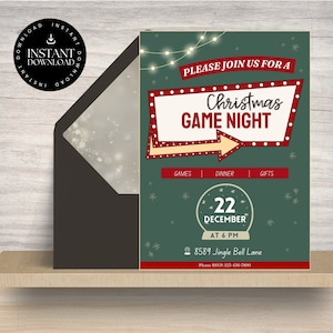 Op de afbeelding: Een groene kerstfeestuitnodiging met een rood en wit bord waarop "Christmas Game Night" staat. Het bord heeft een rode rand en een gele pijl die naar rechts wijst. De uitnodiging bevat ook de datum "22 december" en de tijd "om 18:00 uur".