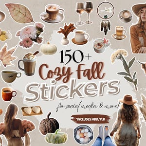 150+ mysiga höstklistermärken | Höstklistermärkespaket med PNG-motiv för planerare och sociala medier | Digitala estetiska klistermärken med PLR MRR-licens | Canva