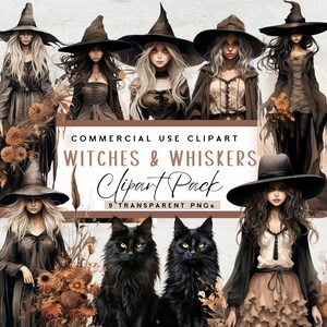 Halloween Clipart, Witches and Whiskers, Black Cats, Witches clipart, digital download, PNG&#39;s, Transparent, watercolor, commercial use