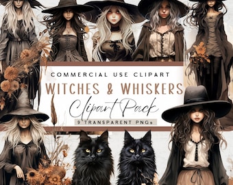 Halloween Clipart, Witches and Whiskers, Black Cats, Witches clipart, digital download, PNG's, Transparent, watercolor, commercial use