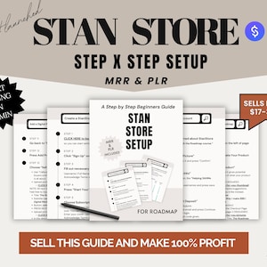 May include: A digital product guide titled "Stan Store Setup" with a step-by-step guide for setting up an online store. The guide includes a roadmap and is priced at $17-37. The text "Sell this guide and make 100% profit" is displayed below the guide.