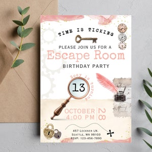 Escape Room Editable Invite Unlock the thrill  and test your wits in our captivating escape room experience! Can you solve the puzzles, crack the codes, and unravel the mysteries to escape within the time limit? Are you up for the challenge?