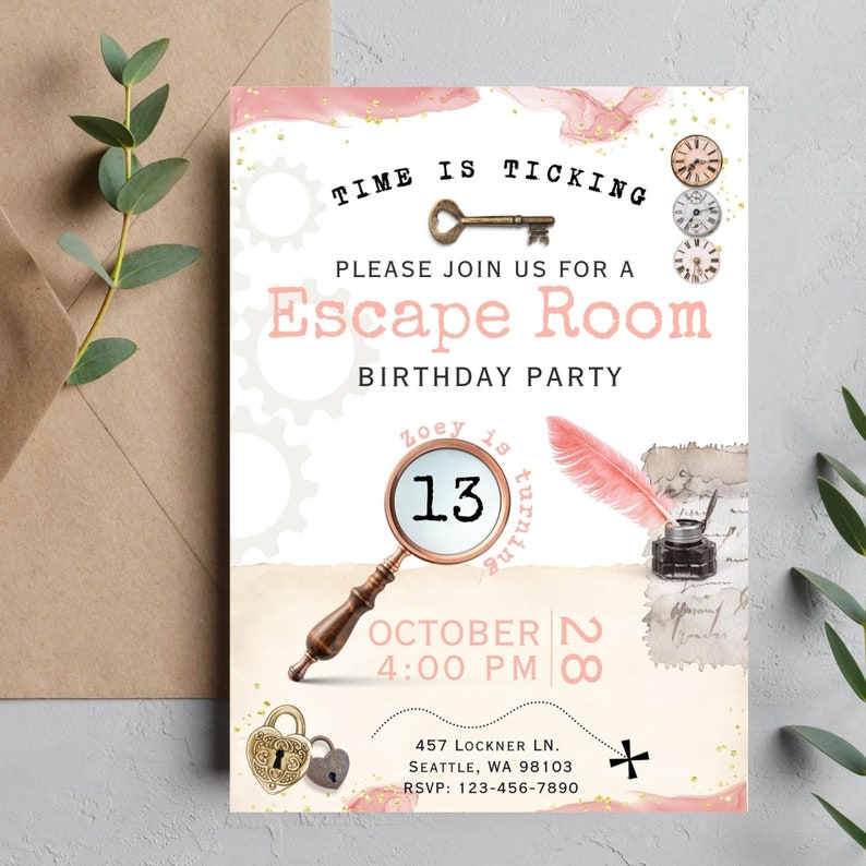 Escape Room Editable Invite Unlock the thrill  and test your wits in our captivating escape room experience! Can you solve the puzzles, crack the codes, and unravel the mysteries to escape within the time limit? Are you up for the challenge?