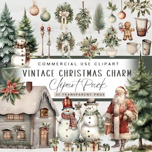 Christmas Clipart, Vintage Watercolor Clipart, Ornaments, pine trees, Santa Clause, Village House, Boho, PNGs, Transparent, Cozy Christmas