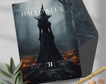 Invitación editable de Halloween de bruja / Plantilla Canva para fiesta espeluznante / Invitación para fiesta de disfraces / Descarga digital instantánea