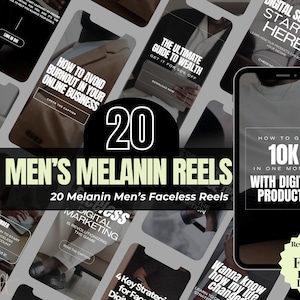 May include: A collage of 20 social media reels for men, featuring tips on online business, digital marketing, and wealth building. The reels are faceless and feature a minimalist design with black and white text on a white background.