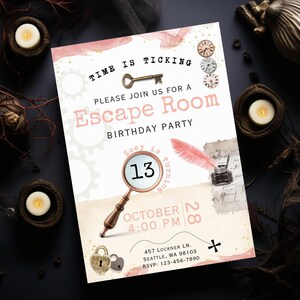 Escape Room Editable Invite Unlock the thrill  and test your wits in our captivating escape room experience! Can you solve the puzzles, crack the codes, and unravel the mysteries to escape within the time limit? Are you up for the challenge?