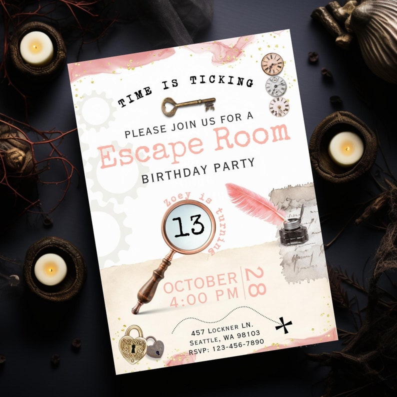 Escape Room Editable Invite Unlock the thrill  and test your wits in our captivating escape room experience! Can you solve the puzzles, crack the codes, and unravel the mysteries to escape within the time limit? Are you up for the challenge?
