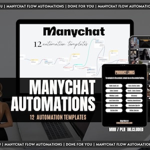 Könnte beinhalten: Ein Laptop-Bildschirm zeigt ein Flussdiagramm mit dem Text "Manychat 12 automation templates" und dem Text "MANYCHAT AUTOMATIONS 12 AUTOMATION TEMPLATES". Ein Tablet-Bildschirm zeigt den Text "PRODUCT LINKS" und eine Liste von Links. Ein Smartphone-Bildschirm zeigt ein Raster von Bildern.