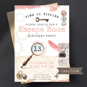 Escape Room Editable Invite Unlock the thrill  and test your wits in our captivating escape room experience! Can you solve the puzzles, crack the codes, and unravel the mysteries to escape within the time limit? Are you up for the challenge?