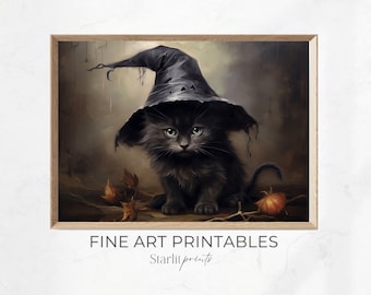 Halloween Black Cat Art Print | Witchy Decor | Kitten Sign | Halloween Cat art | Halloween Witch Hat | Party Decoration | Dark Academia