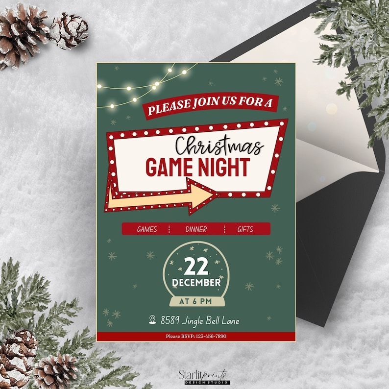 christmas game night invitation, download, edit, and print today!