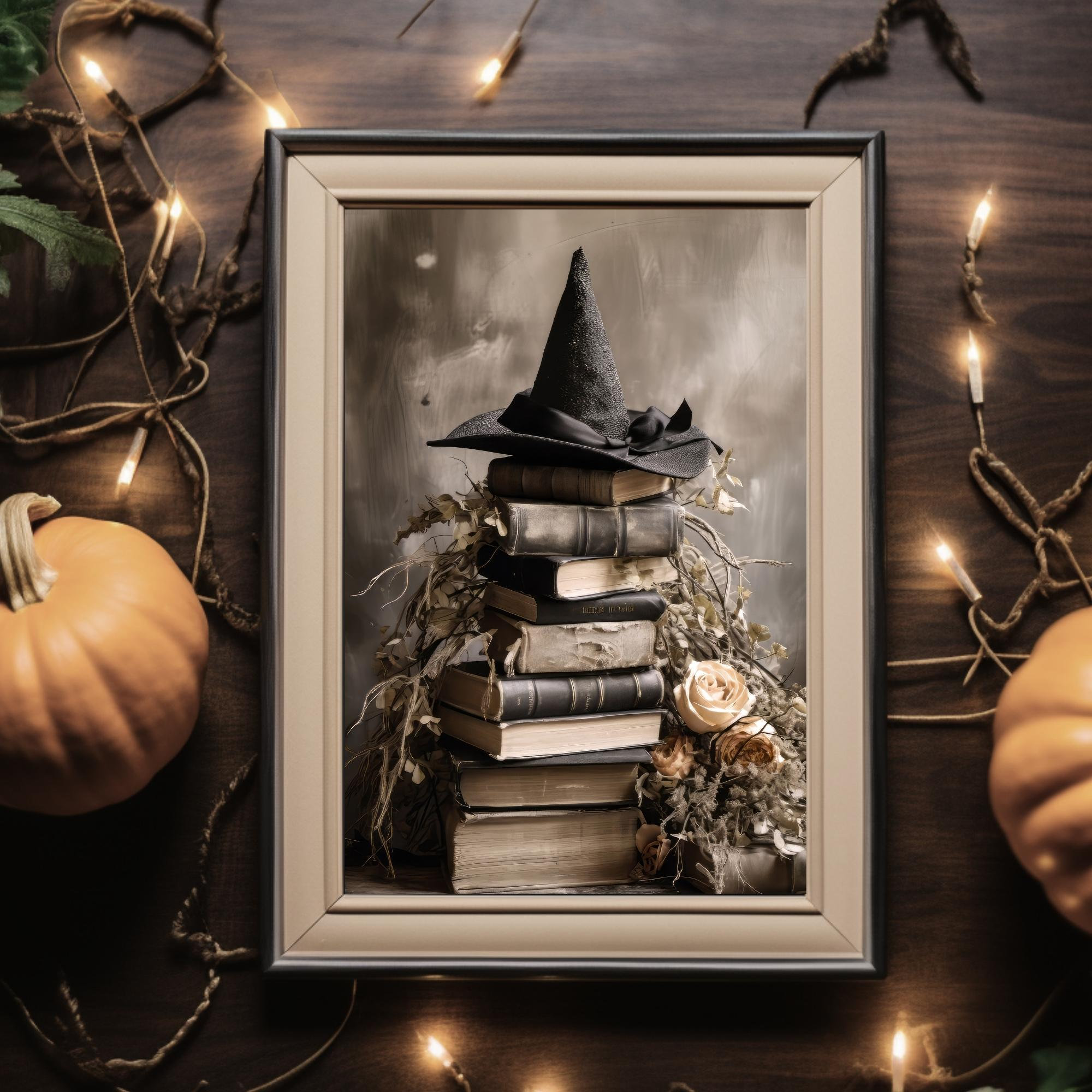 PRINTABLE Halloween Wall Art Print, Witch Hat on Old Books, Witchy ...