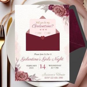 Galentines Girls Night Out Invite, Valentines Day, Adult Brunch, Vintage Galentine invitation, Girls party, Canva Editable Invite, Love